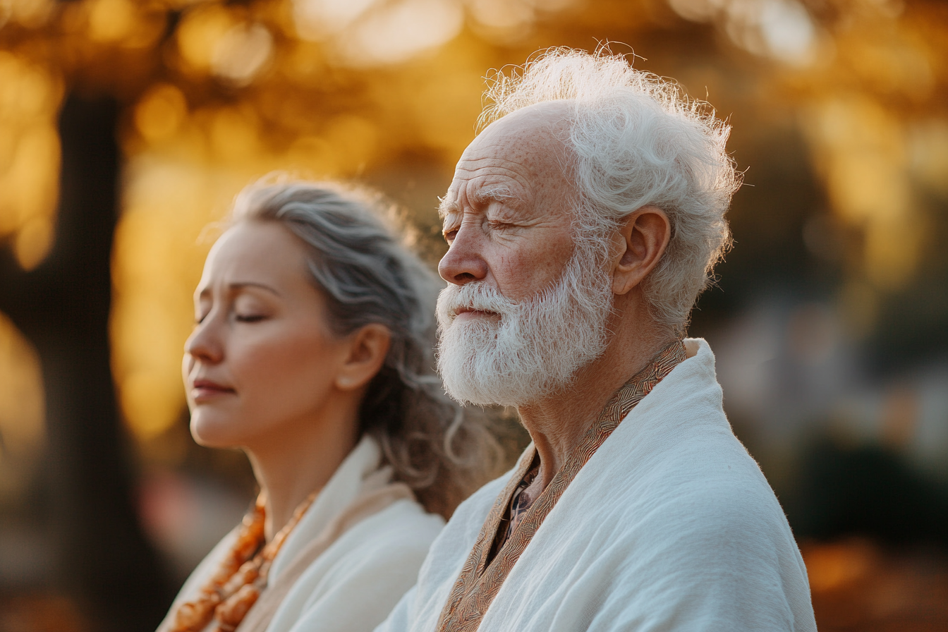 Възрастна жена практикува йога на открито